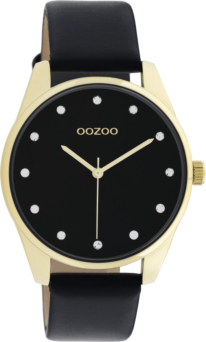 OOZOO Timepieces - Goudkleurige horloge met zwarte leren band - C11049