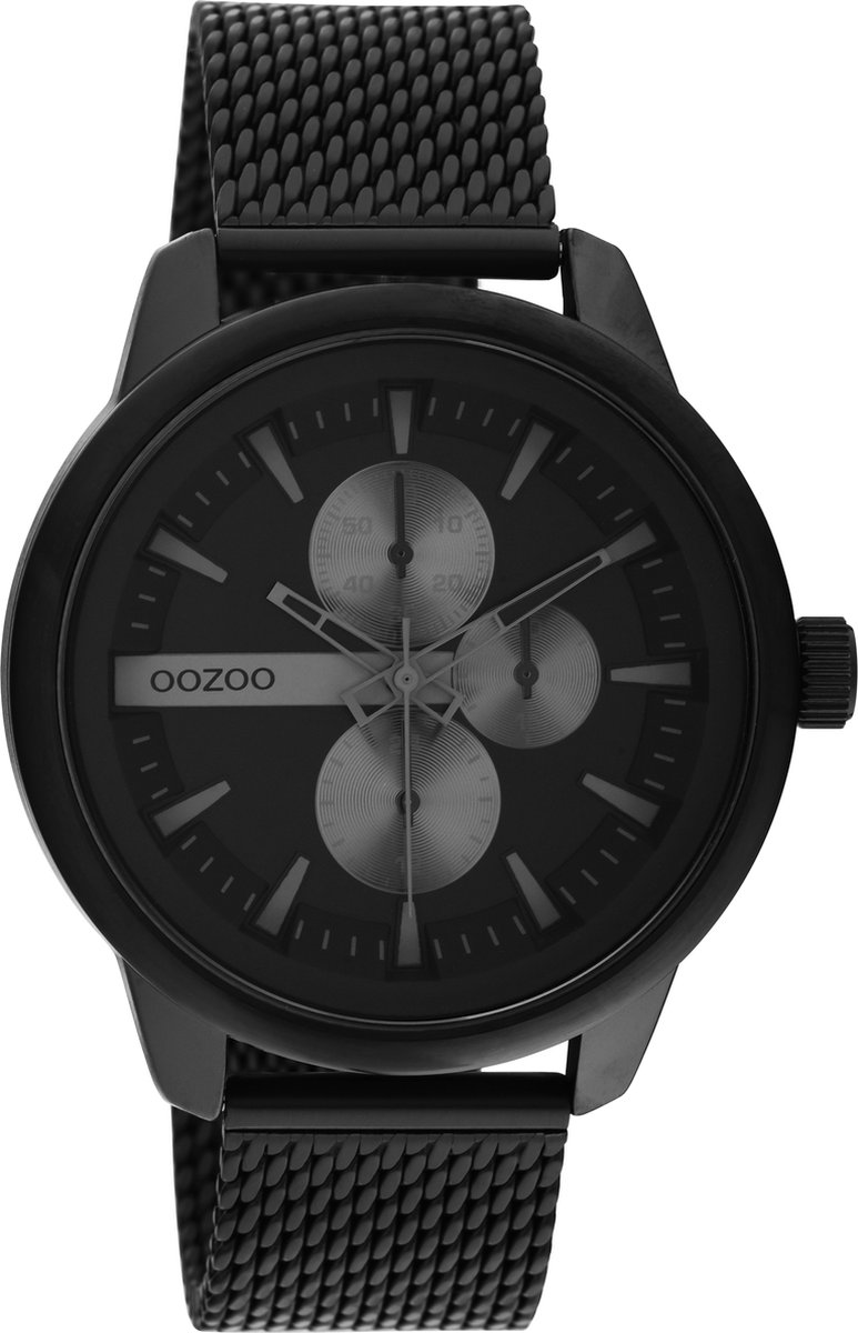OOZOO Timpieces - Zwarte horloge met zwarte metalen mesh armband - C11019
