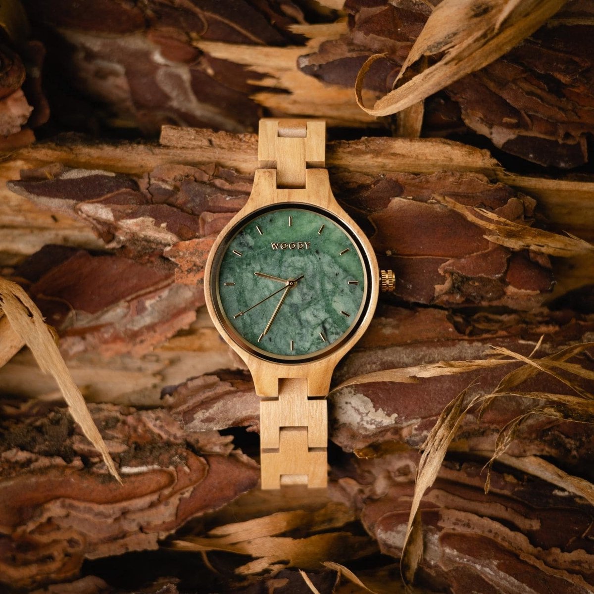 Woody Houten Horloge Dames - Groen Marmer Wijzerplaat - Bamboe - 14mm - Ø 33mm