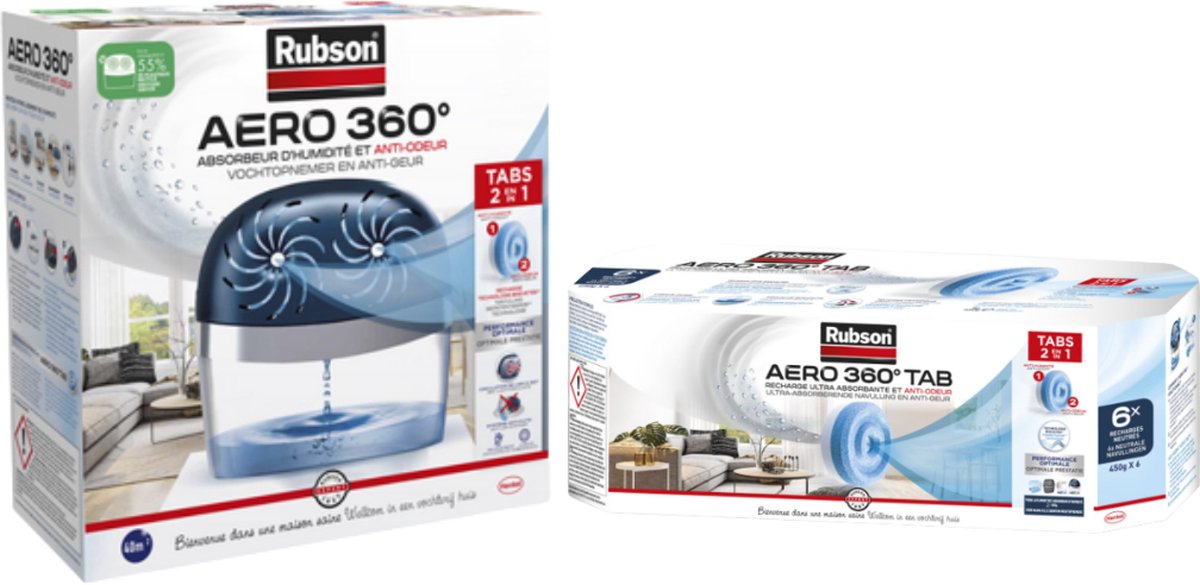 Rubson AERO 360° Pure Absorbeur d'humidité, lot de 2 assainisseurs d’air  recommandés par L'AFPRAL* & AERO 360° Absorbeur d'humidité pour pièces de  40