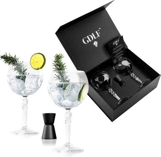 GDLF® Gin Tonic Glazen Set in Luxe Geschenkdoos | Incl. 2 Kristallen Italiaans Gin Tonic Glazen, Zwarte RVS Maatbeker en Certificaat | Made in Italy | Loodvrij Kristal | 600ML | Cocktail Glazen Set | Aperol Spritz Glazen | Vaderdag Cadeau
