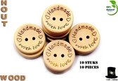 Bob Online ™ - 10 Stuks – 2.5 cm - Handmade with Love Ronde Houten Knopen met 2 Gaatjes – Houten Knoop – Voor Naaien – Hobby – DIY ‘Handmade with Love’ Wooden Buttons for Sewing & DIY Craft Projects