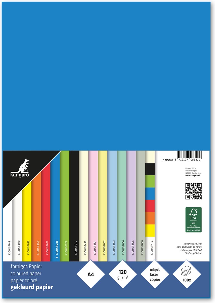 Kangaro papier - A4 - 120 gram FSC - pak 100 vel - blauw - K-0043F225