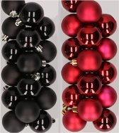 32x stuks kunststof kerstballen mix van zwart en donkerrood 4 cm - Kerstversiering