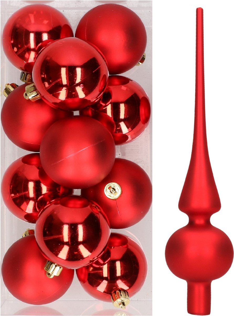 12x Kerst rode kunststof kerstballen met glazen piek mat - Kerstversiering