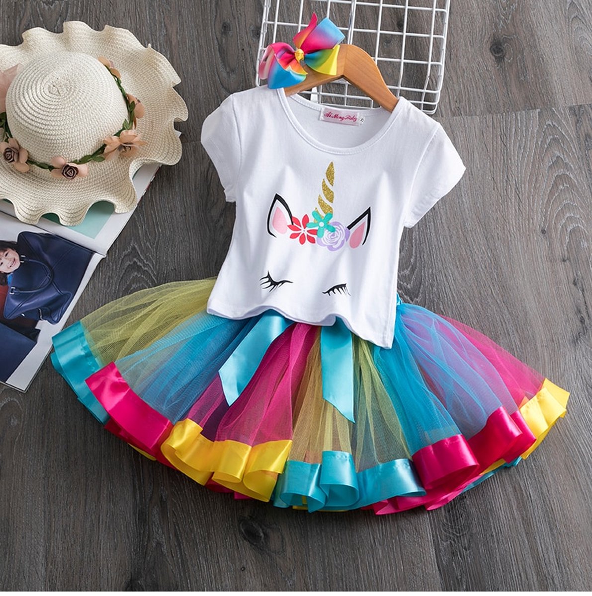 Gekleurde meisje tutu rok - tule meisjes rok en eenhoorn t-shirt - Happy kleuren meisjes rok - maat 128/134 L - meisjes rok 8 - 9 jaar