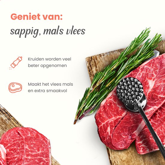 Bifteck juteux avec maillet à viande et romarin. Texte : 'Profitez de : viande juteuse et tendre'.