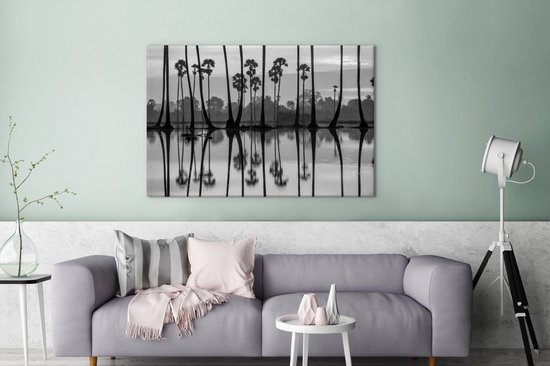 Tableau sur toile Silhouette de palmiers à Hawaï - noir et blanc - 140x90 cm - Décoration murale Art