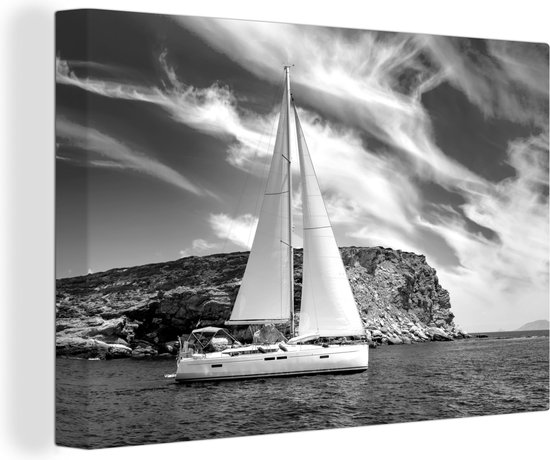 Canvas Schilderij Zeilboot met een prachtige lucht - zwart wit - 60x40 cm - Wanddecoratie