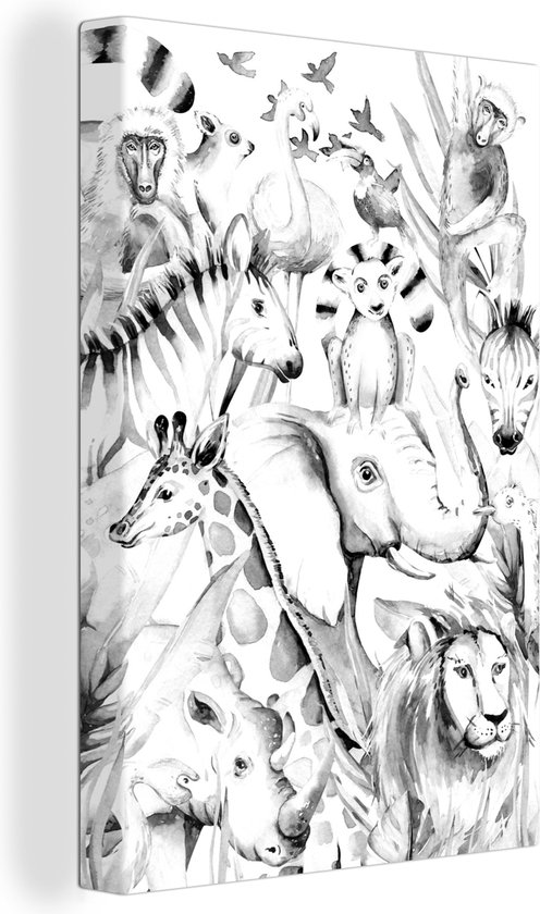 Tableau Peinture Aquarelle animaux de la jungle sur fond blanc - noir et  blanc -... | bol.com