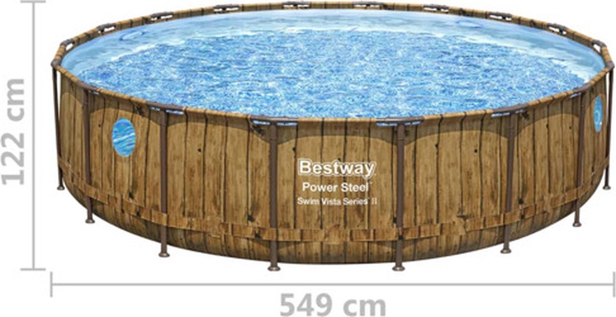 Bestway - Power Steel Swim Vista - Opzetzwembad inclusief filterpomp en accessoires - 549x122 cm - Houtprint - Rond — afbeelding 12