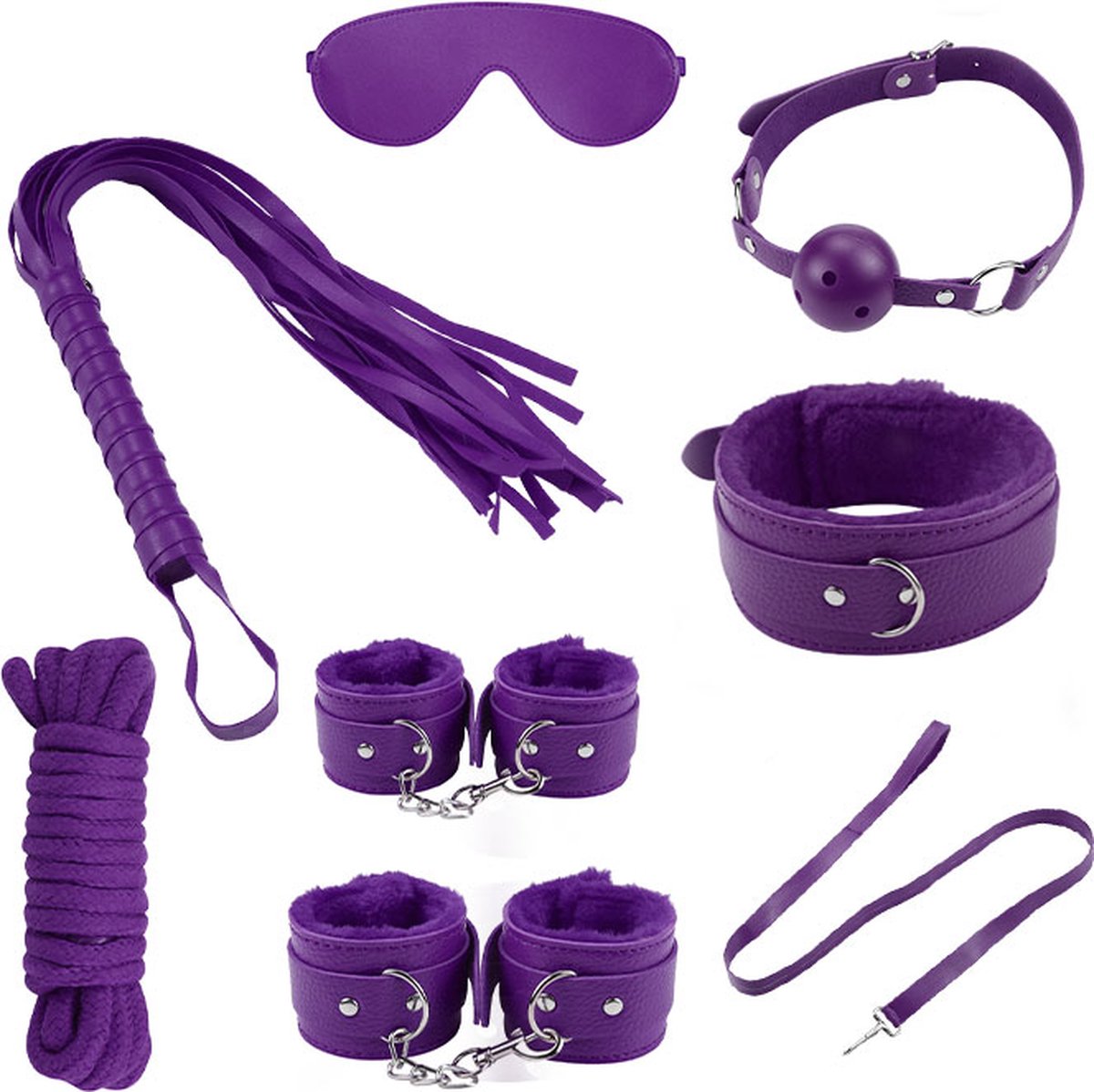 Goedkoopste BDSM - Starters kit - Bondage set - Handboeien - Oogmasker - Enkelboeien - Gagball - Zweep - Hogtie - Paars