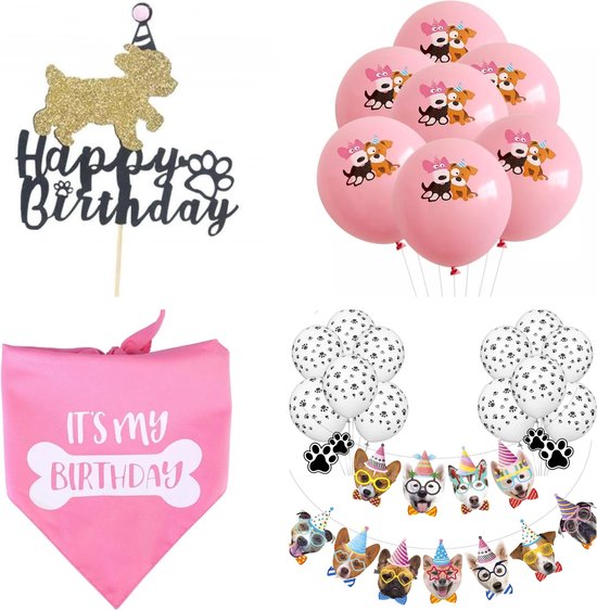 22-delige honden verjaardag set Happy Birthday roze met taarttopper, ballonnen, slinger en bandana - hond - huisdier - verjaardag - birthday - bandana - ballon