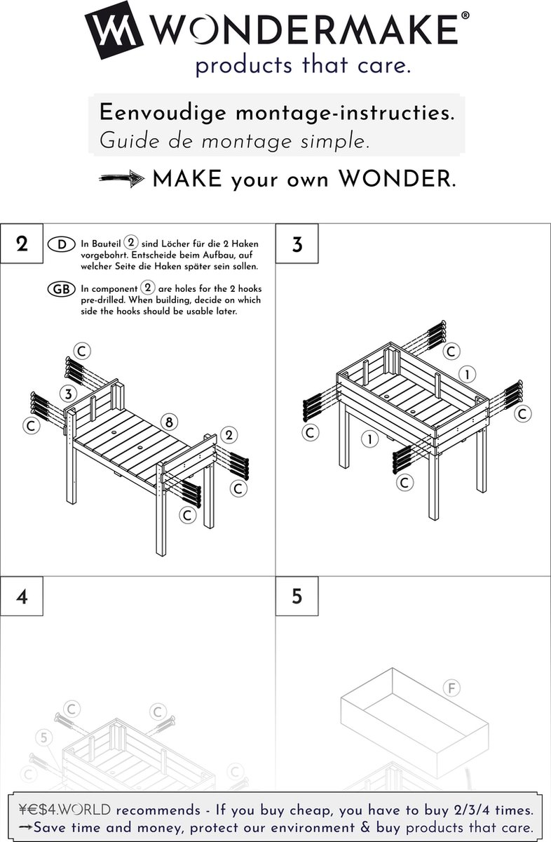 WONDERMAKE® Grand carré Potager en Bois de Cerisier Massif Haute, lit de  Jardin surélevé sur Pieds, jardinière rectangulaire pour Jardin Balcon