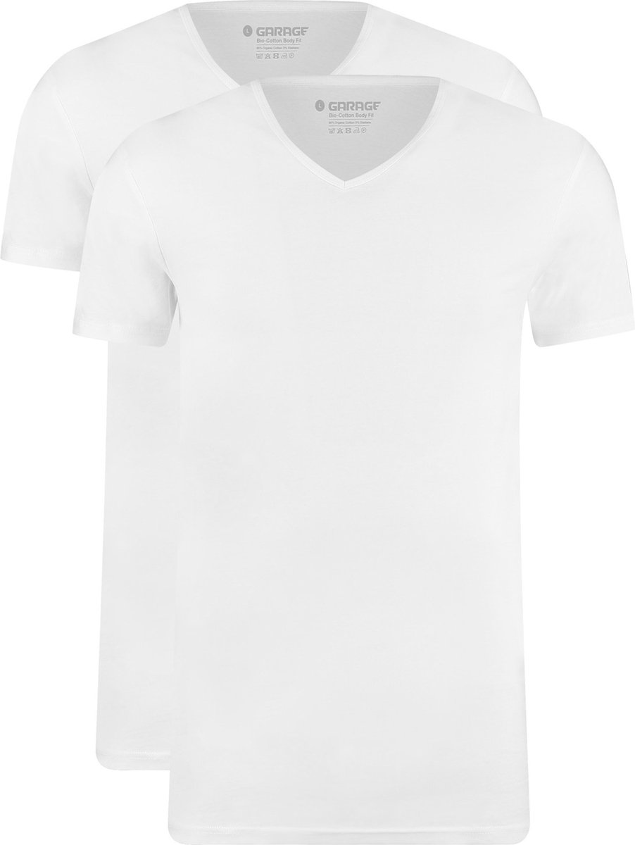 Garage 0222- Bio-Cotton Bodyfit 2-pack T-shirt V-hals korte mouw wit S 95% organisch katoen 5% elastan