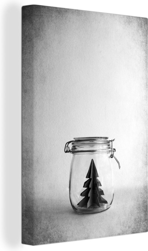 Canvas Schilderij Illustratie - Kerstboom - Kunst - zwart wit - 20x30 cm - Wanddecoratie