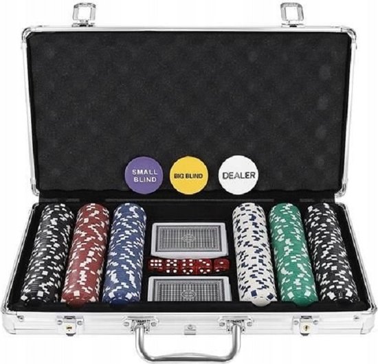 Thumbnail van een extra afbeelding van het spel Luxe Pokerset In Aluminium Koffer met Kaartschudmachine incl. Batterijen- Casino Omaha / Texas Hold Em Pro Poker & Blackjack Set Met 300 Chips & Poker SpeelKaarten  - Inclusief Speelkleed & Dobbelstenen - Pokerkoffer