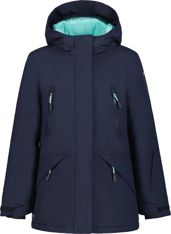 Donkerblauwe kinderjas van Icepeak met capuchon, ritssluitingen en turquoise accenten.