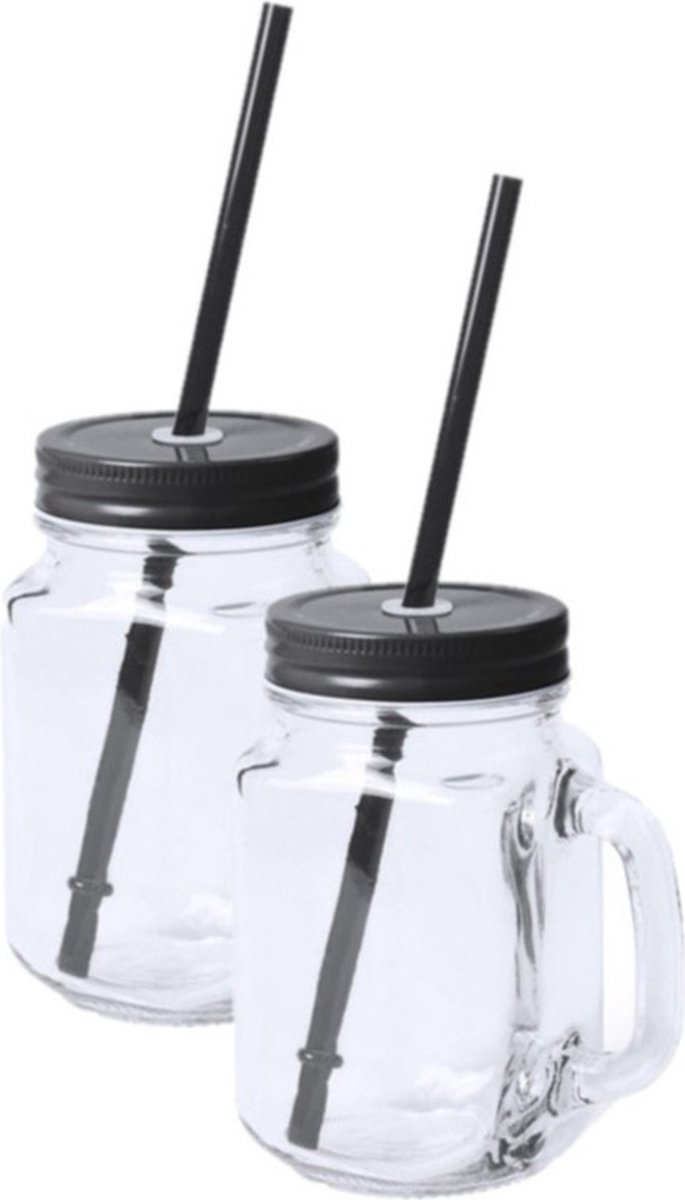 Goedkoopste Mason Jar drinkbekers - 10x stuks - glas - dop zwart met rietje - 500 ml - afsluitbaar - fruit shakes