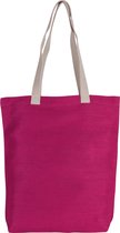 Jute canvas katoenen schoudertasje in het fuchsia roze 38 x 42 cm met lange ecru hengsels - Boodschappentassen - Goodie bags