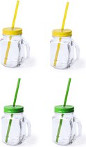 8x gobelets en Verres Mason Jar avec bouchon et paille 500 ml - 4x jaune/4x vert - verrouillable/anti-fuite/shakes aux fruits