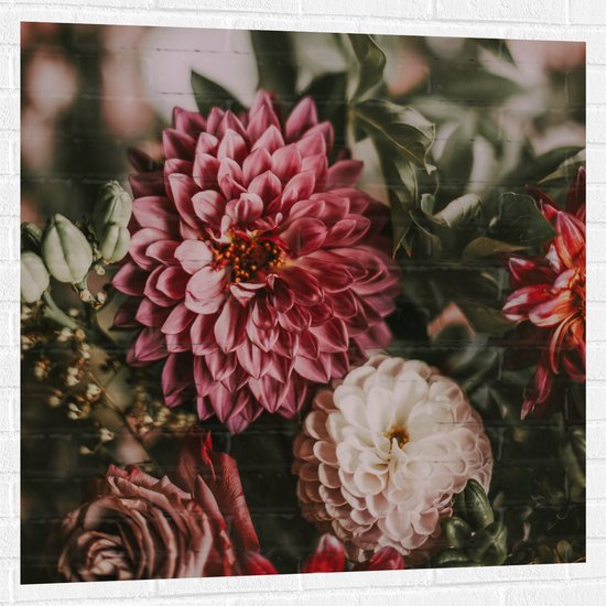 WallClassics - Muursticker - Close-Up van Rood/Roze en Witte Bloemen - 100x100 cm Foto op Muursticker
