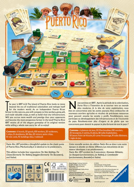 Achterkant doos bordspel Puerto Rico met speelbord, kaarten, pionnen en informatie.