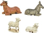 2x sets van 4 stuks polystone dierenbeeldjes os, ezel en schapen 12 cm - polystone dieren / kerststal dierenbeeldjes