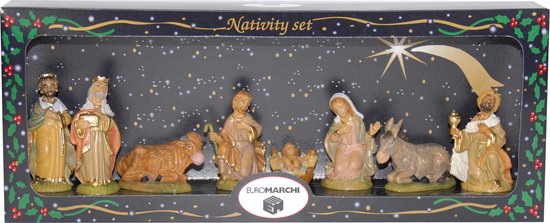 Kerststal beelden / figuren 8 stuks in doos 39 x 16 x 6,5 cm - religieuze kerstbeelden / kerststallen figuren