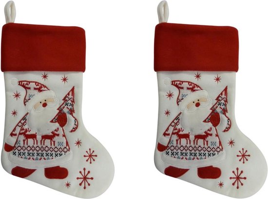 Foto: 2x stuks kerstsok wit rood pluche 45 cm kerstversiering kerstdecoratie kerstsokken