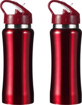 Set van 2x stuks drinkfles/waterfles 600 ml metallic rood van RVS - Sport bidon waterflessen