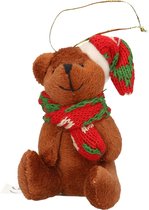 Kersthangers knuffelbeertjes bruin met rode sjaal en muts 7 cm - Kerstboomversiering ornamenten