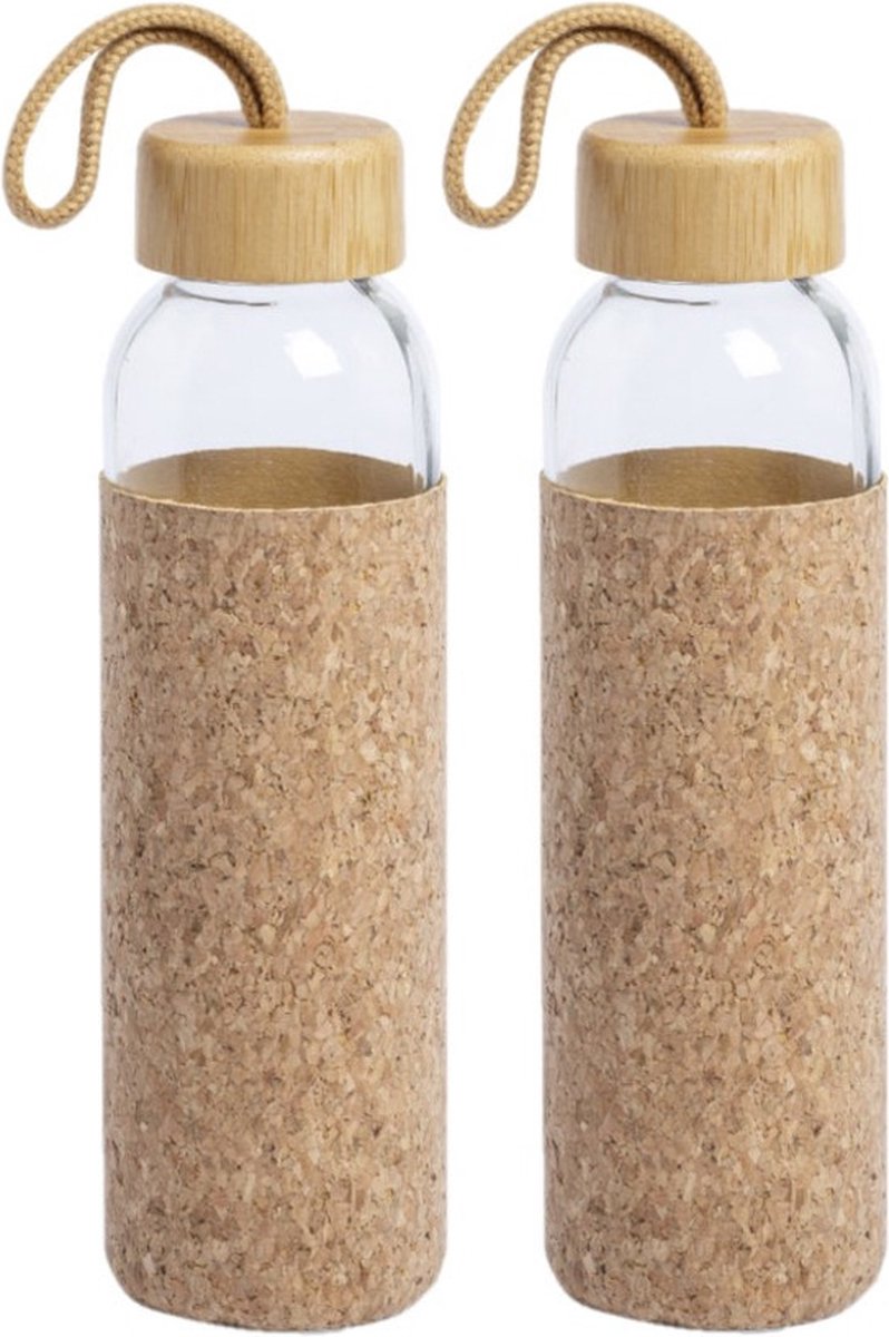 2x Stuks glazen waterfles/drinkfles met kurk bescherm hoes 500 ml - Sportfles - Bidon