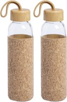2x Stuks glazen waterfles/drinkfles met kurk bescherm hoes 500 ml - Sportfles - Bidon