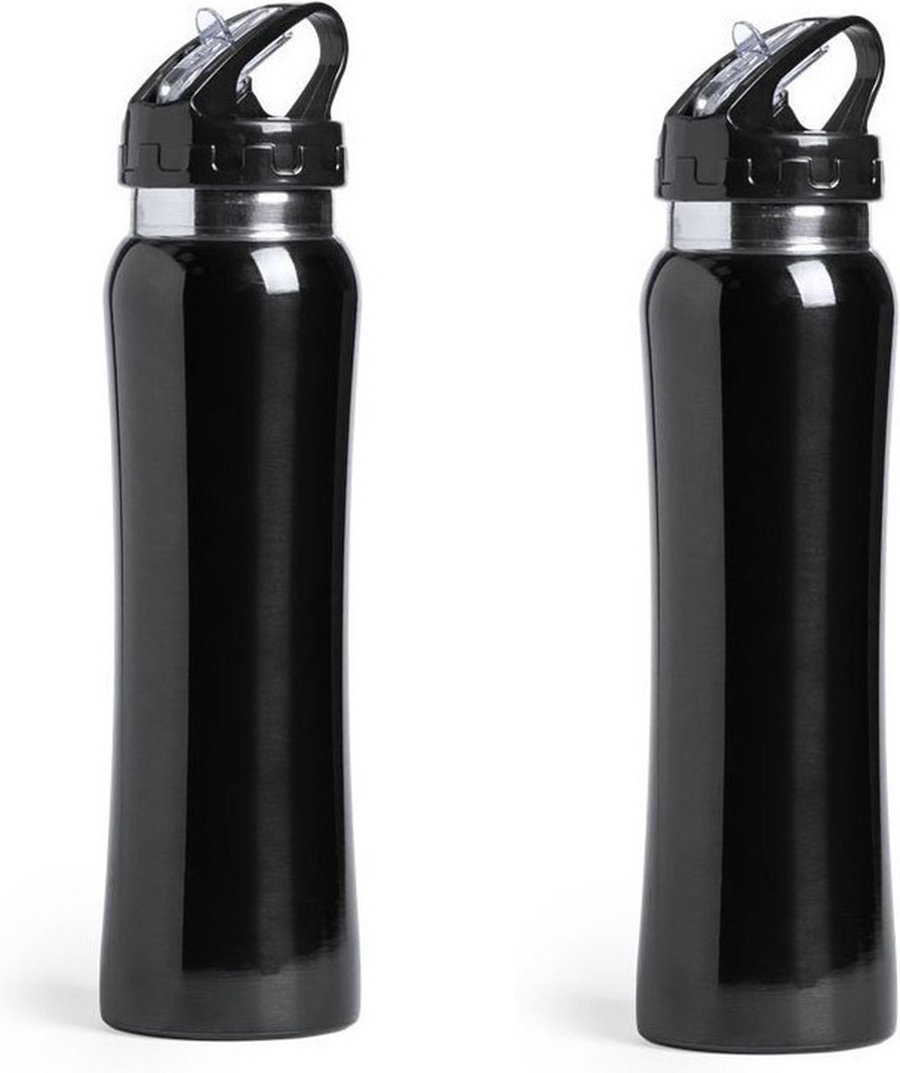 Set van 2x stuks drinkfles/waterfles 800 ml zwart van RVS - Sport bidon