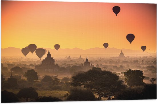Vlag - Luchtballonnen boven Tempels met Zonsondergang - 90x60 cm Foto op Polyester Vlag