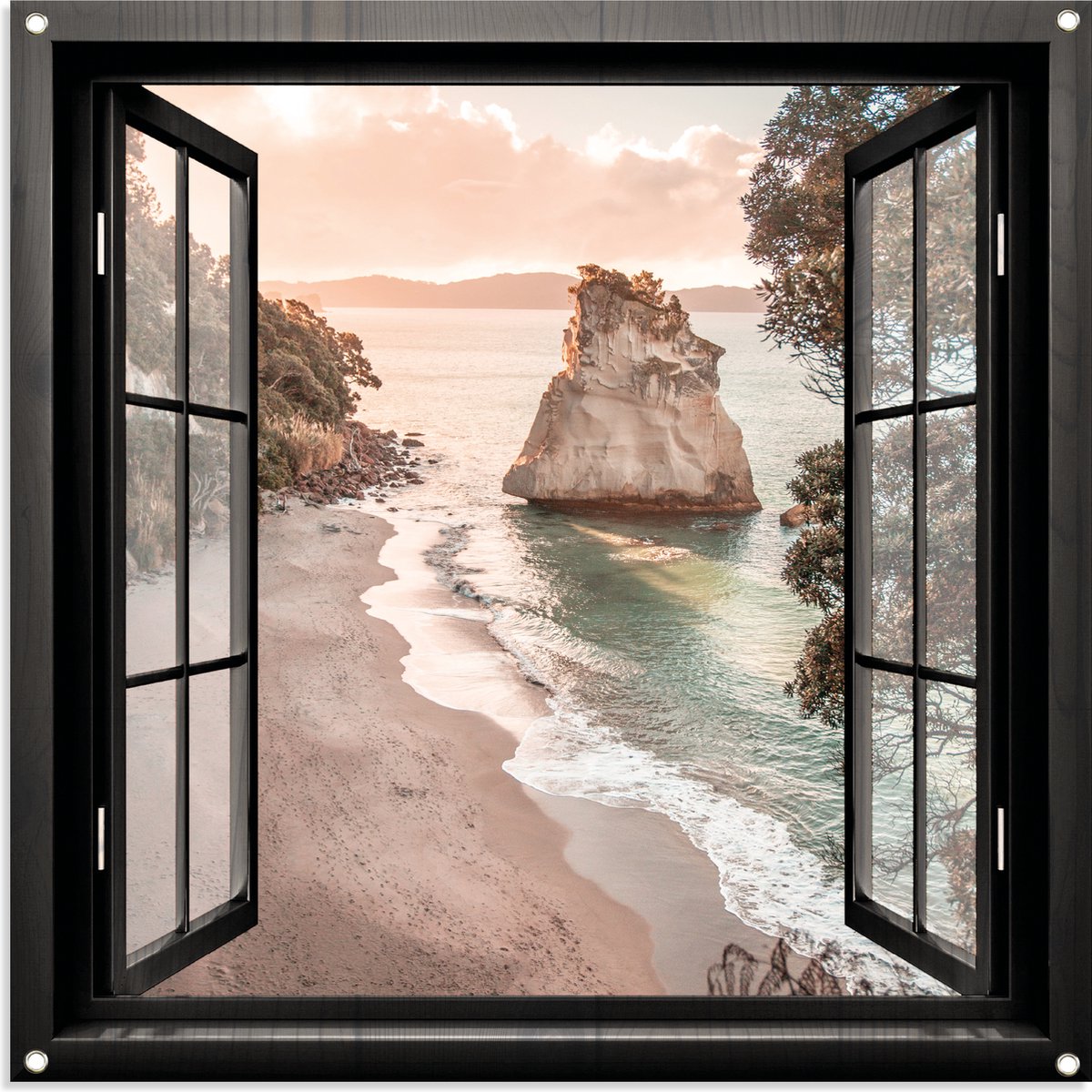 Tuinposter Doorkijk Raam nr7 - Tuindecoratie - 80 x 80 cm - Tuindoek - PosterGuru