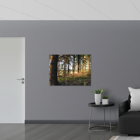 WallClassics - Drapeau - Forêt avec rayons de soleil couchants - 100x75 cm Photo sur Drapeau Polyester