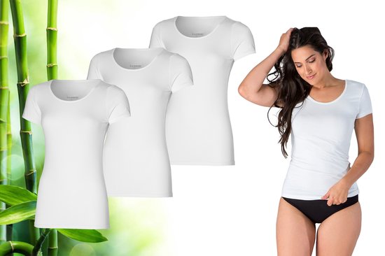 Bamboo Elements - T Shirt Dames - Ronde Hals - 3 Stuks - Wit - M - Anti Zweet Shirt Dames - Bamboe Ondershirt - Onderhemd Dames Shirts Korte Mouw - Extra Lang