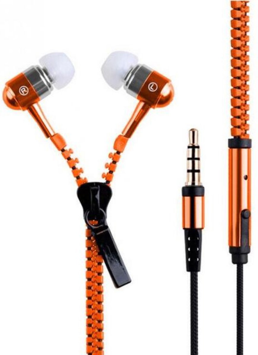 Koptelefoon met ritssluiting - Basmonitor - Metalen in-ear Hoofdtelefoons met microfoon voor MP3, mobiele telefoons en pc - Oranje
