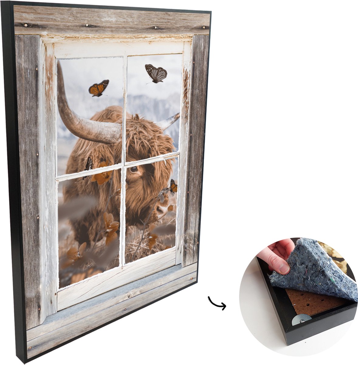 Akoestische Panelen - Geluidsisolatie - Akoestisch Wandpaneel - Wanddecoratie - Schilderij - 60x90 cm - Schotse hooglander - Doorkijk - Bloemen - Geluidsdemper - Isolatie platen - Studio Schuim