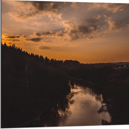 WallClassics - Dibond - Rivier tussen de Bossen met Zonsondergang - 80x80 cm Foto op Aluminium (Wanddecoratie van metaal)