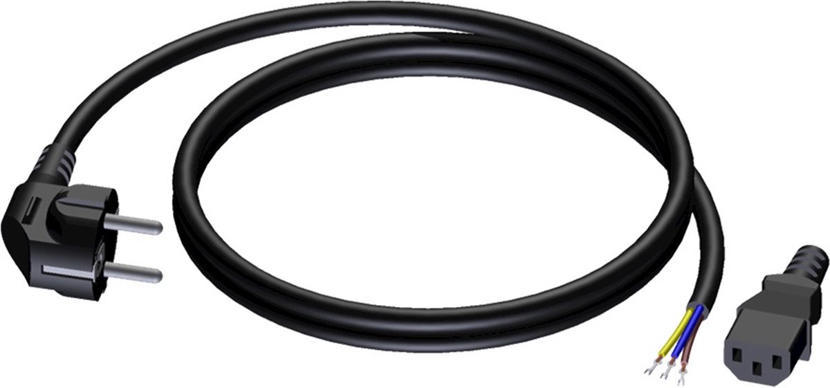 Procab CAB491 C13 (losse rechte stekker) - CEE 7/7 (haaks) stroomkabel - 3x 1,50mm / zwart - 5 meter