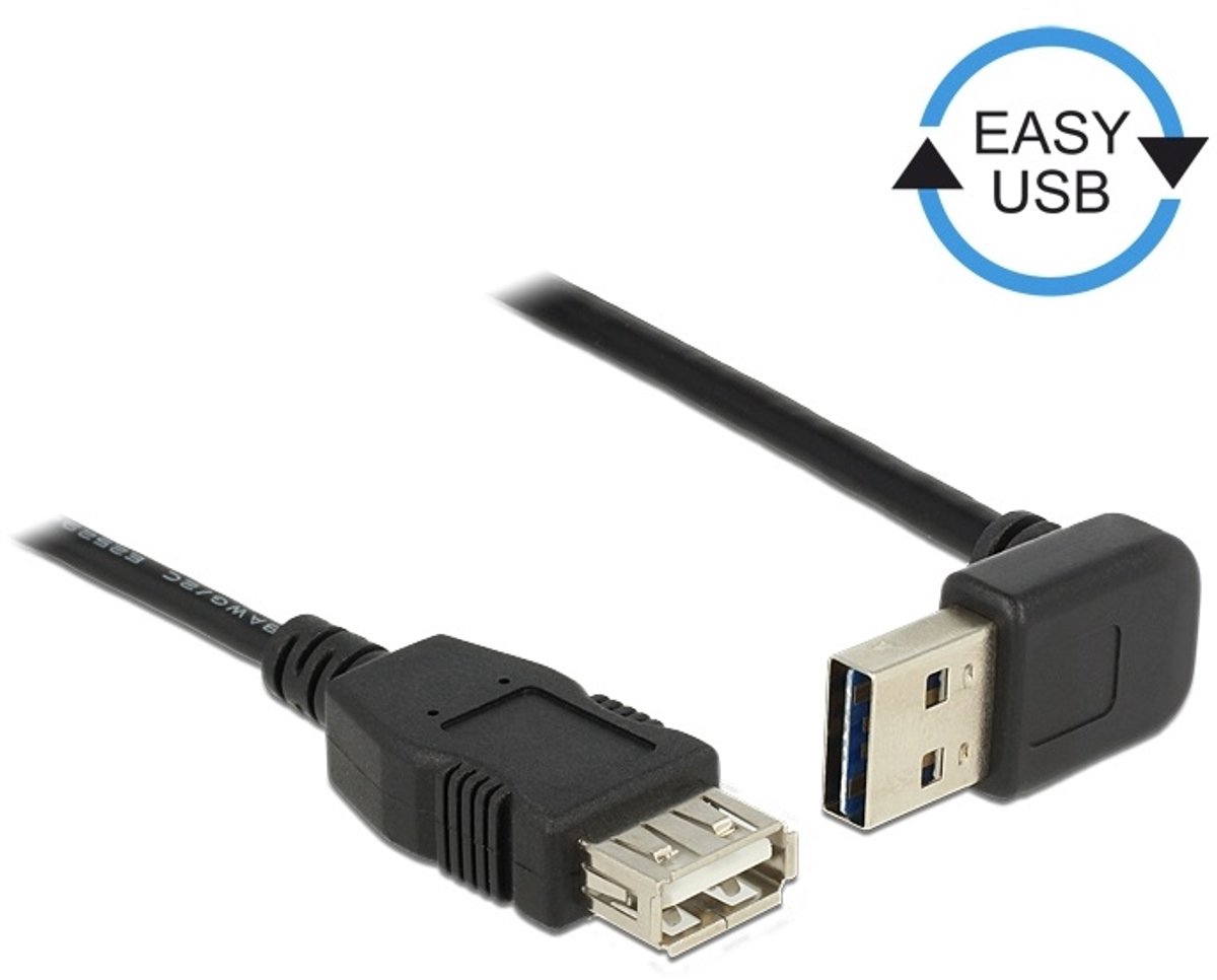 Easy-USB-A haaks (boven/beneden) naar USB-A verlengkabel - USB2.0 - tot 2A / zwart - 0,50 meter