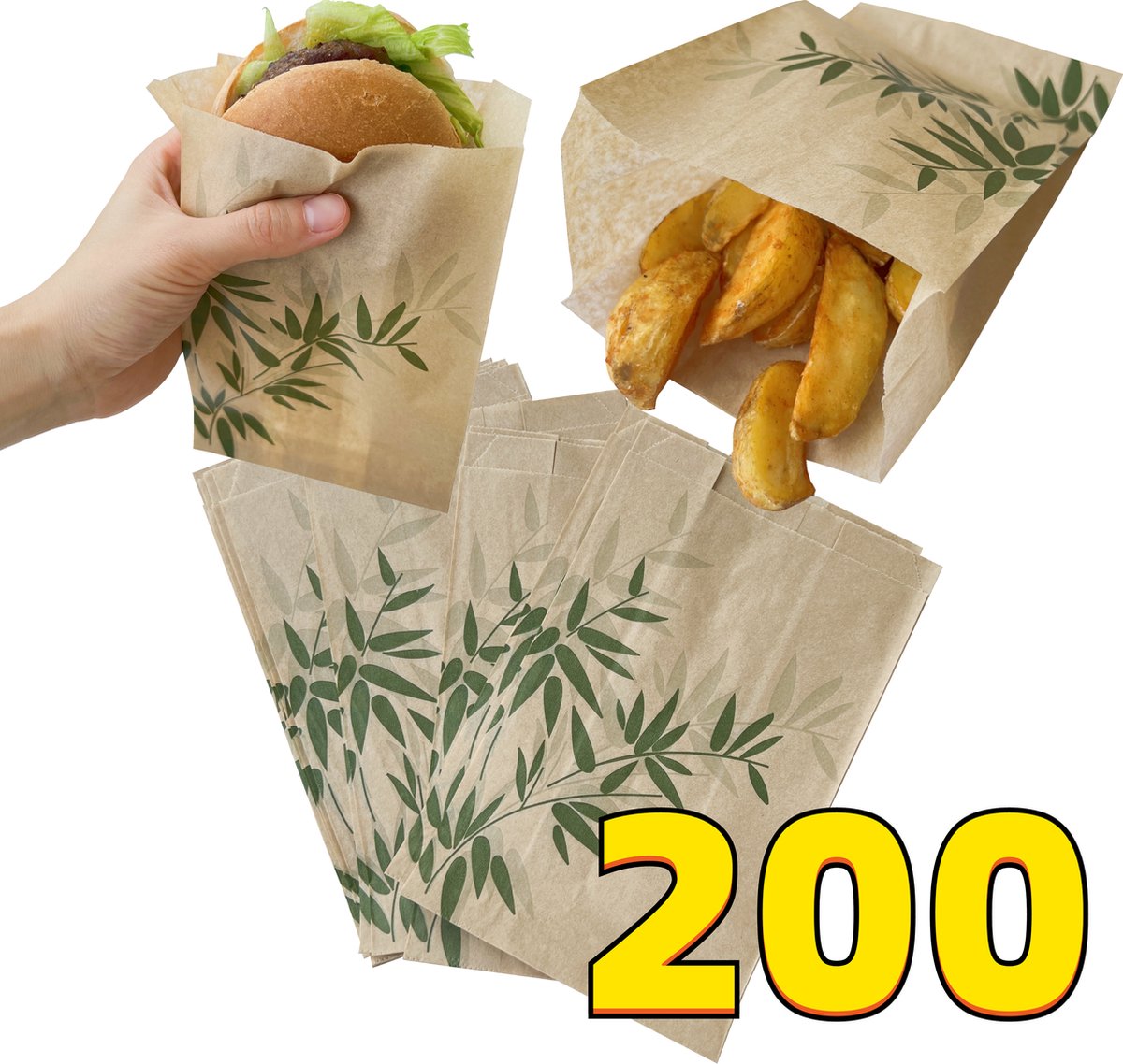 Rainbecom - 200 Stuks - Hamburger Zakje Papier - Vetvrij Papier - Papieren Zakken - Bamboe