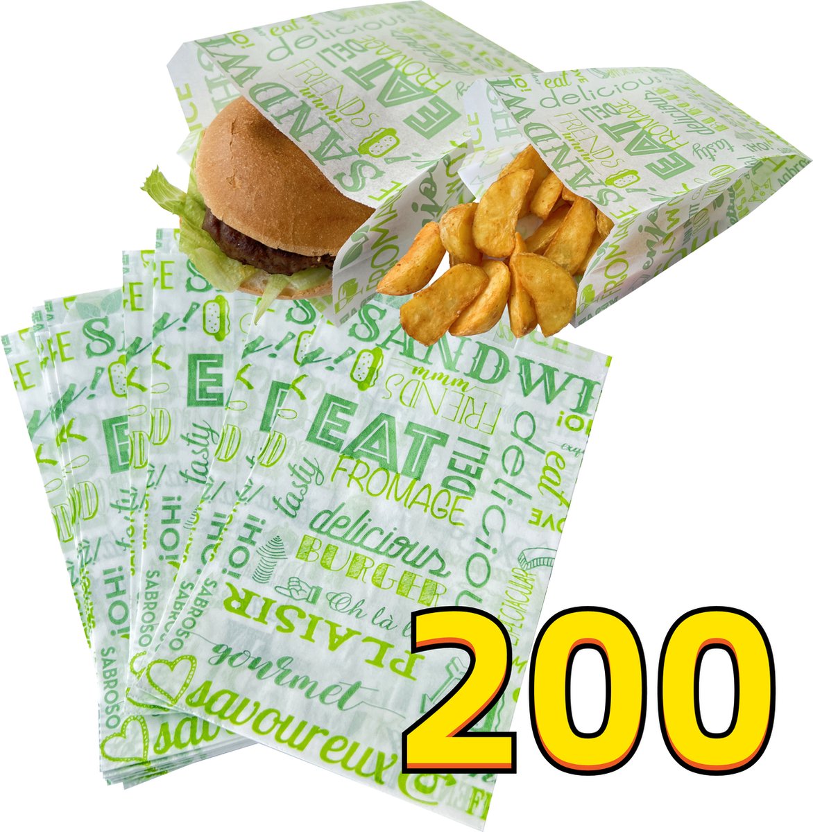 Rainbecom - 200 Stuks - Hamburger Zakje Papier - Vetvrij Papier - Papieren Zak voor Sandwiches - Groen