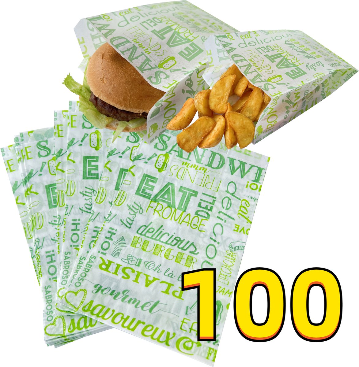 Rainbecom - 100 Stuks - Hamburger Zakje Papier - Vetvrij Papier - Papieren Zak voor Sandwiches - Groen