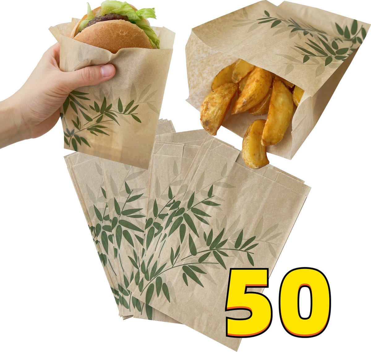 Rainbecom - 50 Stuks - Hamburger Zakje Papier - Vetvrij Papier - Papieren Zakken - Bamboe