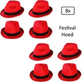 8x Festival hoed rood met zwarte band