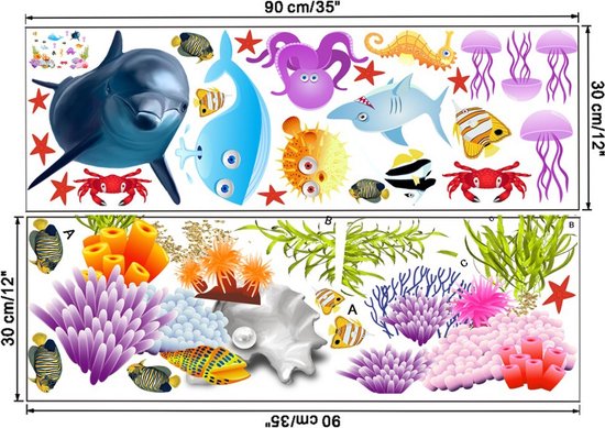 Muursticker dessin animé corail et baleine / monde sous-marin - chambre d' enfant 